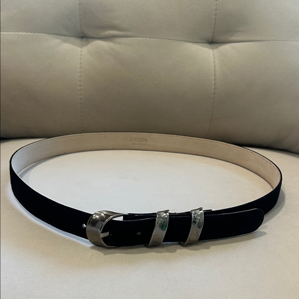 Escada Black Leather Belt with Silver-Tone Buckle and Loops